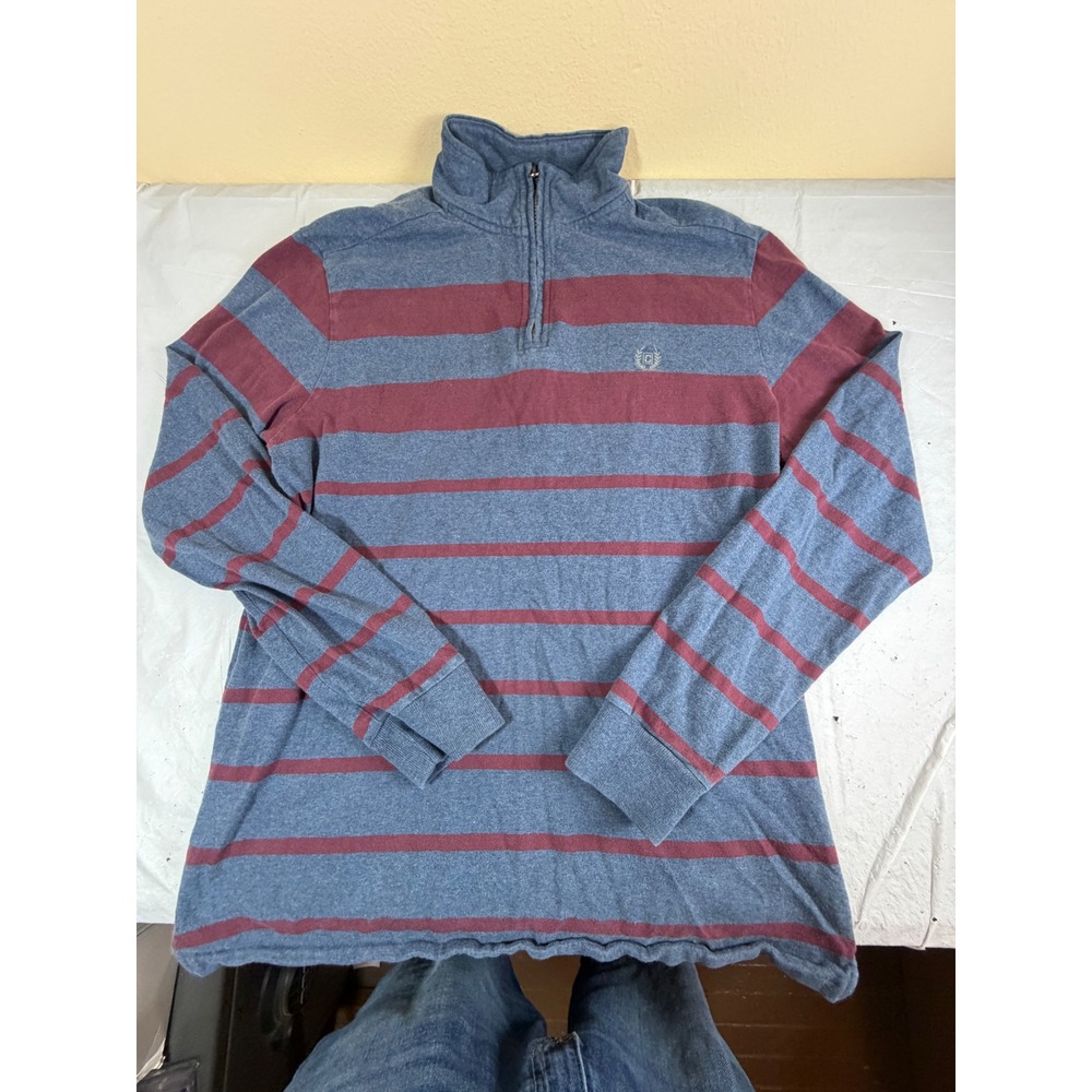 Chaps Mens Quarter Zip Pullover Sweater Blue Burgundy Striped‎ Cotton Medium